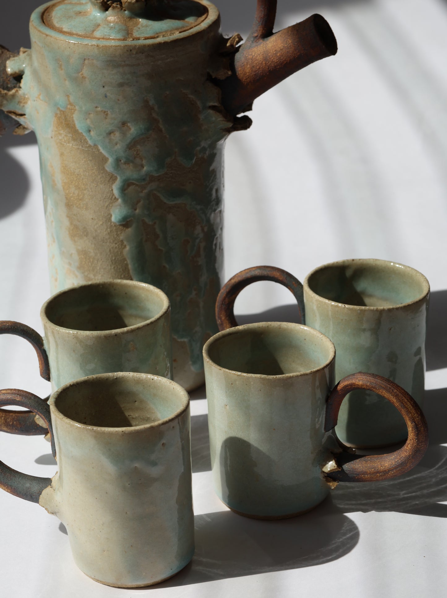 One of A Kind Brutalist Ceramic Pitcher and Cup Set