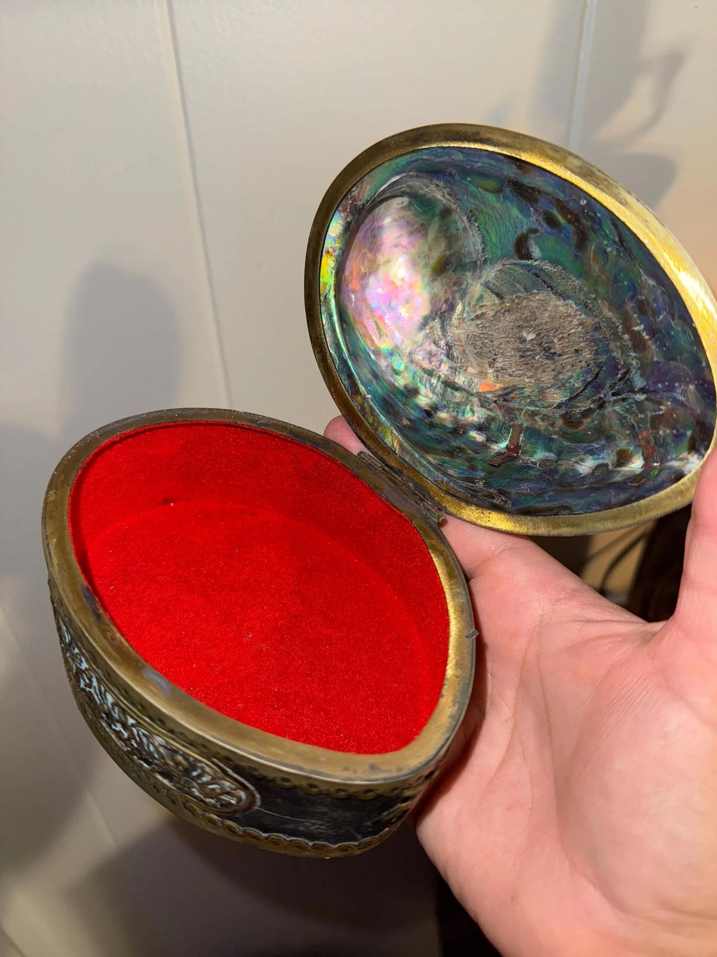 RARE Antique Abalone Shell Embellished Keepsake Holder