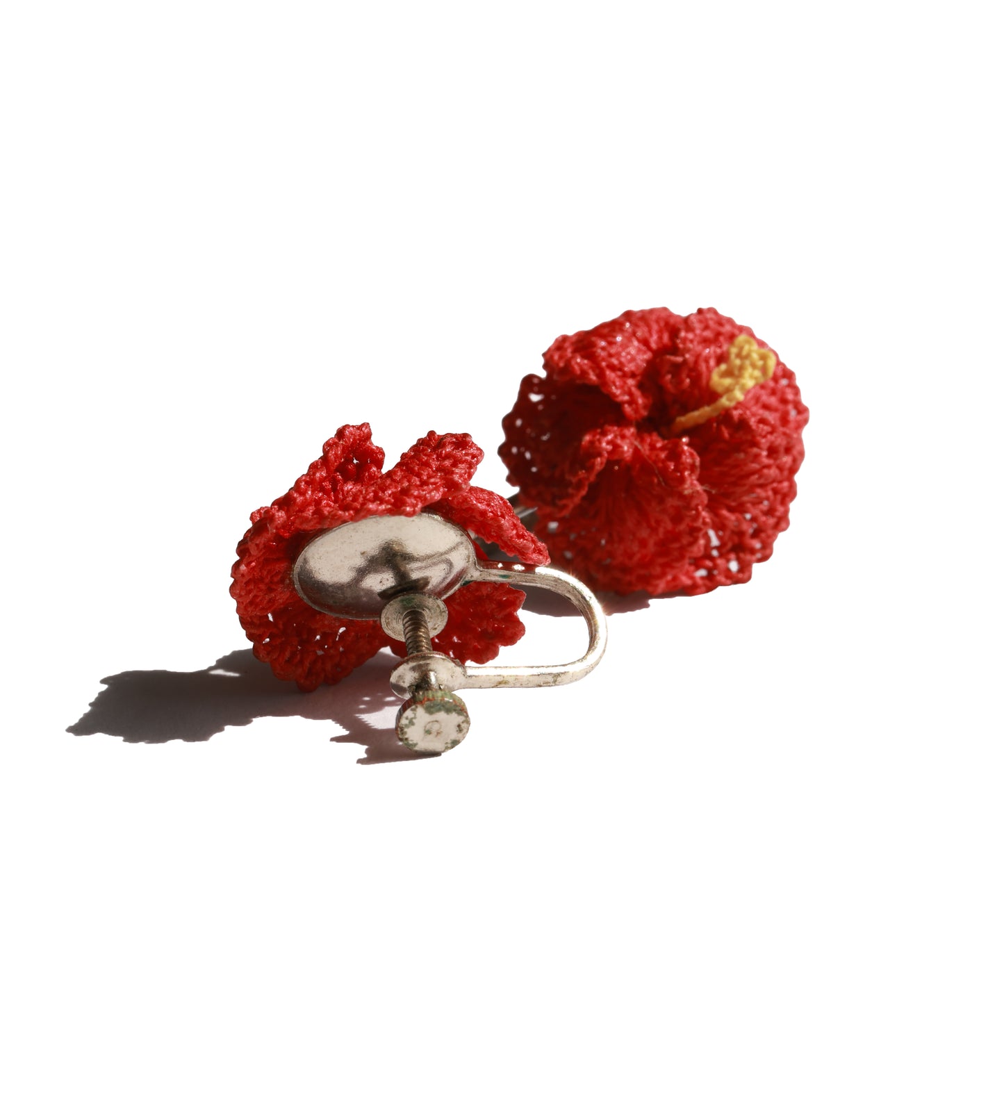RARE Vintage Crochet Hibiscus Clip On Earrings